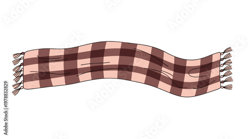 Warm winter plaid scarf in brown and pink colors with fringe ends isolated on a white background in a flat vector art style.