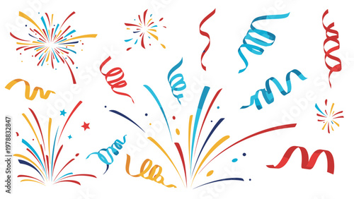 Festive celebration background with colorful fireworks, streamers, and confetti elements in a flat vector style on white.