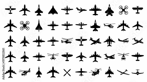 Collection of abstract geometric symbols and directional arrows in black and white