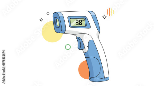Non contact digital infrared forehead thermometer showing a fever temperature reading of thirty eight degrees on white.