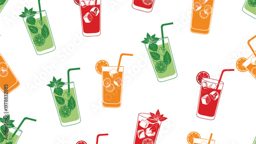 Seamless pattern with colorful refreshing cocktail glasses including mojito, orange juice, and red berry drinks on white.