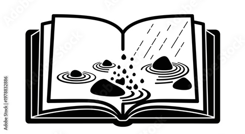 An open book with rain falling.