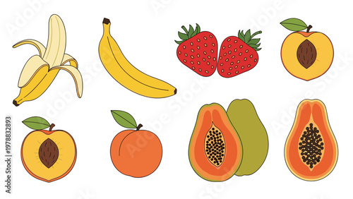 Collection of various colorful fruits including banana, strawberry, peach, and papaya isolated on white background in flat.
