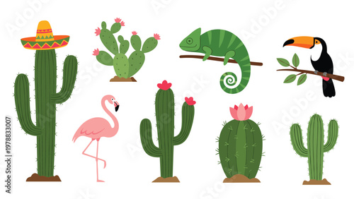 Large set of tropical nature elements including various cacti, pink flamingo, toucan bird, and a green chameleon.
