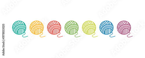 Colorful yarn balls illustration: red, orange, yellow, green, blue, indigo, violet.