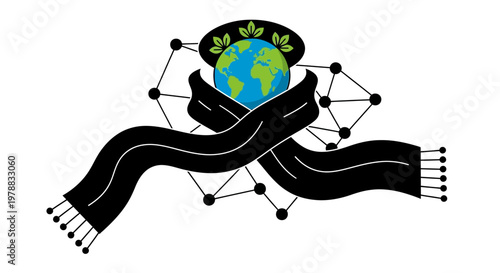 Earth in hands with green leaves and network connections.
