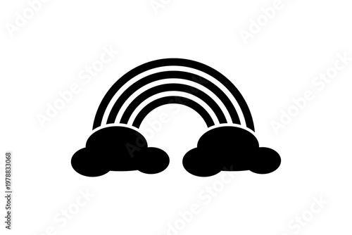 Minimalist black and white rainbow with clouds design.