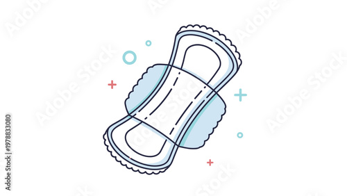 Sanitary pad or feminine hygiene napkin icon with protective wings and colorful abstract decoration elements on white.