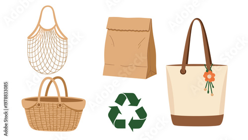 Set of eco-friendly reusable bags including net bag, paper bag, basket, and tote bag with green recycling symbol.