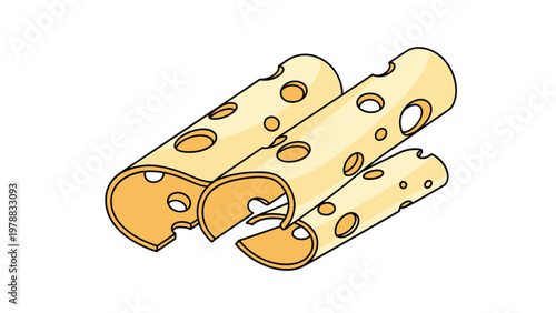 Three rolled slices of swiss or maasdam cheese with holes isolated on a white background in flat vector art style.