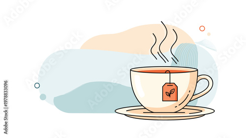 Hot steaming cup of tea with a teabag and saucer on an abstract blue and beige background in flat vector art style.