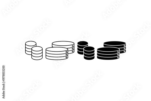 Black and white database icon set featuring various server storage designs.