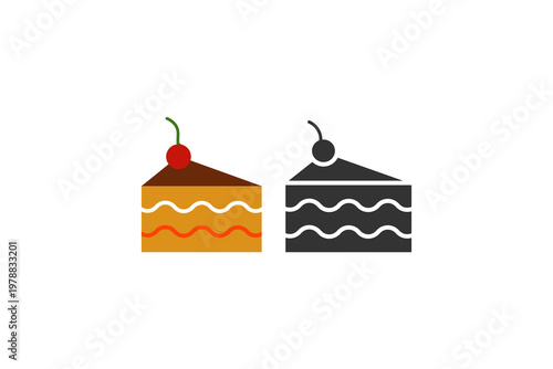 Colorful and monochrome cake slices with cherry decorations.