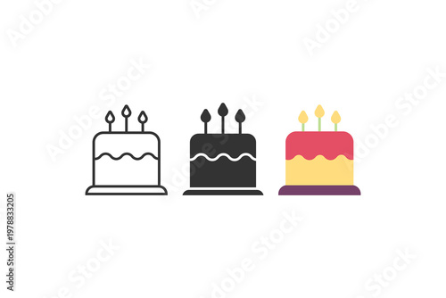 Colorful cake icons with candles: outline, silhouette, and filled versions.