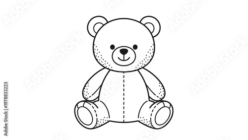 Black and white line art drawing of a sitting teddy bear with soft stippled shading details, perfect for children coloring pages or icons.
