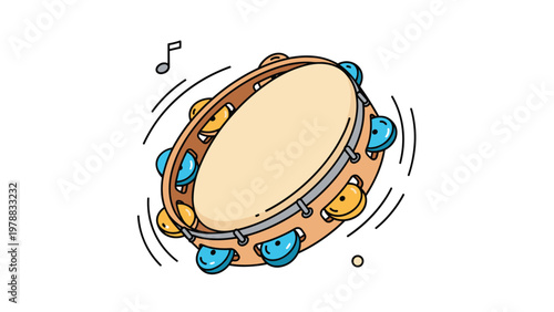Musical tambourine instrument in motion with colorful jingles and floating notes, ideal for rhythm and percussion education or performance.