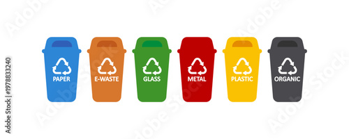 Colorful recycling bins for paper, e-waste, glass, metal, plastic, and organic waste.