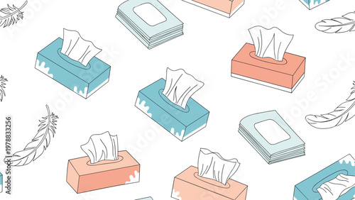 Seamless pattern with blue and pink tissue boxes, stacked napkins, and floating white feathers for household supply or bathroom decor themes.