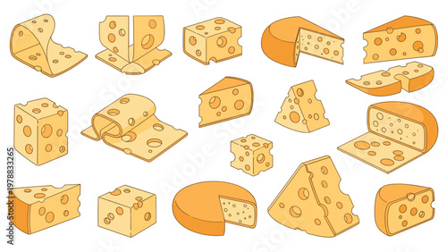 Collection of assorted cheese blocks and slices with different shapes and hole patterns for food design, grocery, or deli shop marketing.
