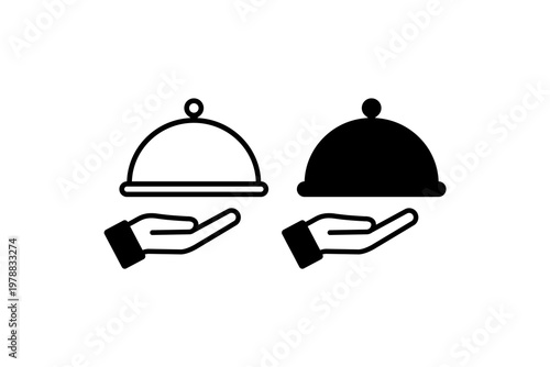Minimalist black and white food service icons with cloche on tray.