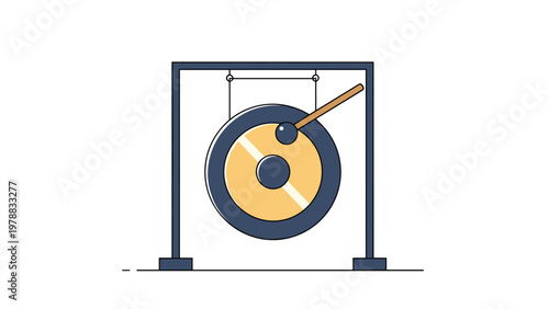 Traditional oriental gong hanging from a dark frame with a wooden mallet ready for striking, symbolizing ceremonial music and meditation.
