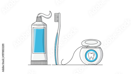 Daily oral hygiene kit including a tube of blue toothpaste with a squeeze, a toothbrush, and a container of dental floss for dental health.
