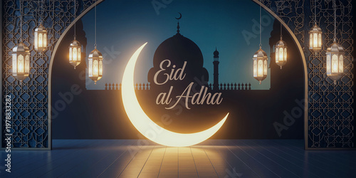 Eid al Adha Islamic greeting background with crescent moon lanterns and mosque silhouette night scene