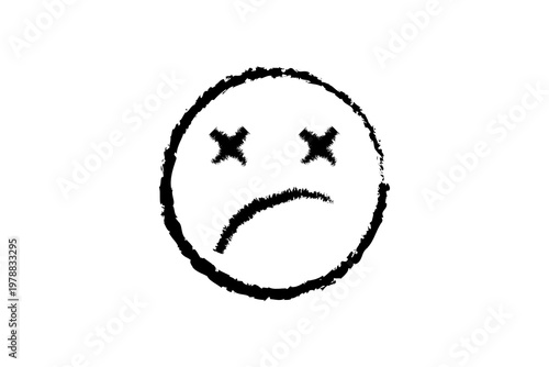 Grunge black and white sad face emoticon with crossed-out eyes on white background.