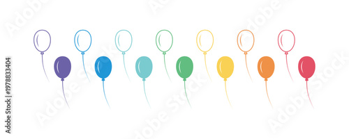 Colorful gradient balloons aligned in rainbow order on white background.