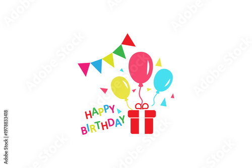 Colorful birthday balloons and gift box with bunting decoration.