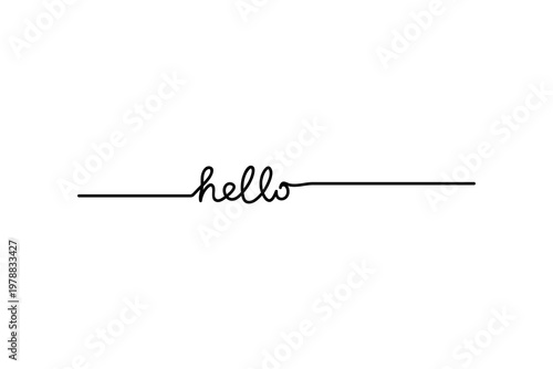 Minimalist continuous line art with "hello" text in black on white background.
