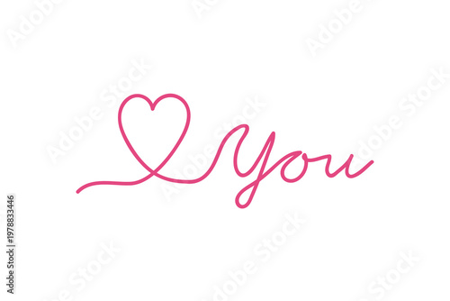 Pink heart and calligraphic 'you' text on white background.