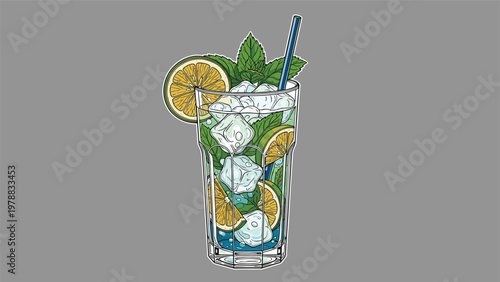 Refreshing mojito cocktail served in a tall glass with lime wedges, fresh mint leaves, and plenty of ice cubes on a neutral gray background.