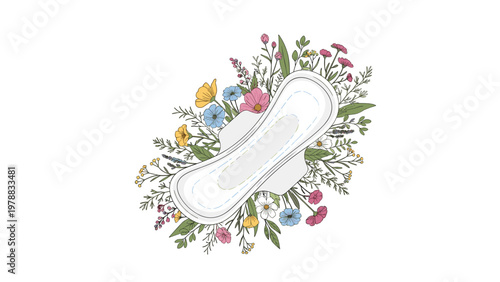 Sanitary napkin for women surrounded by a beautiful arrangement of colorful wild flowers and leaves, representing hygiene and nature.