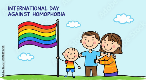 International Day Against Homophobia vector illustration with rainbow flag and happy family celebrating diversity and inclusion.