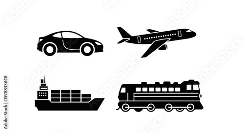 Transportation icons depicting a car plane ship and train silhouette