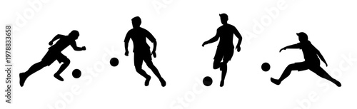 silhouette. Equipment, kicking a soccer ball, running. European football, soccer - vector illustration of a young men wearing european football player. standing on the football field. black