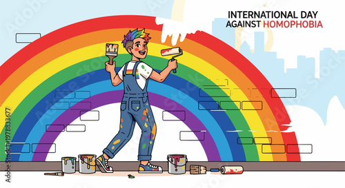 Vector illustration of person painting rainbow against homophobia, celebrating diversity and equality with vibrant colors.