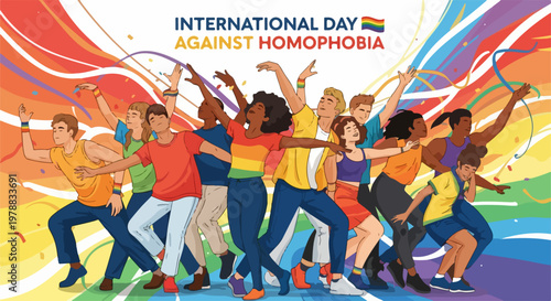International Day Against Homophobia vector illustration celebrating diversity and inclusion with joyful people dancing under rainbow colors. Pride celebration concept for awareness and equality.