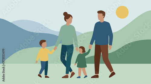 Family walking together outdoors, minimalist illustration with hills and sun