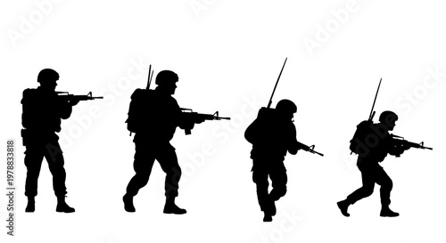 Four soldiers in combat poses depicted as a stark silhouette