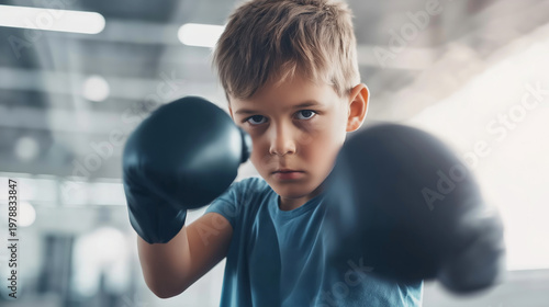 Determined boy in boxing gloves looking at camera, practicing punches in a gym. Concept of sport, determination, early training