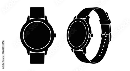 Two wristwatches displayed showcasing design with a stark silhouette