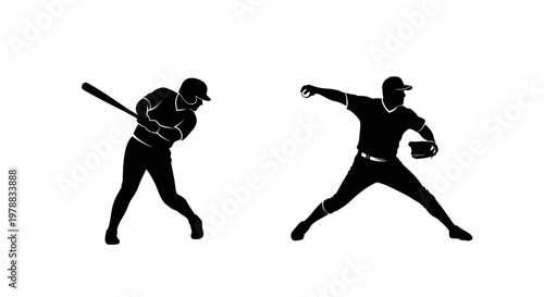 Baseball players in action a batter and pitcher dark silhouette