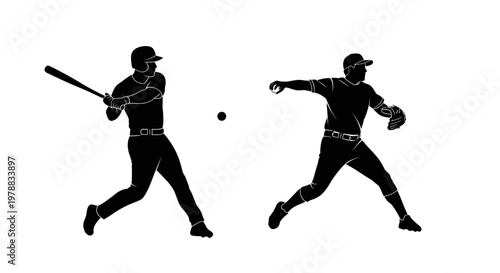 Baseball players in action a batter and a catcher silhouette