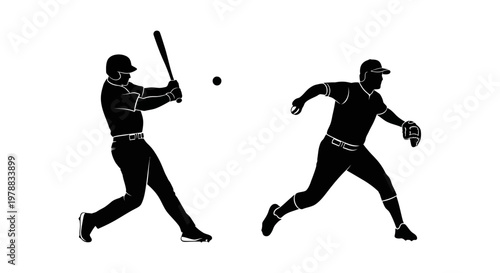Baseball players in action a batter and fielder black silhouette