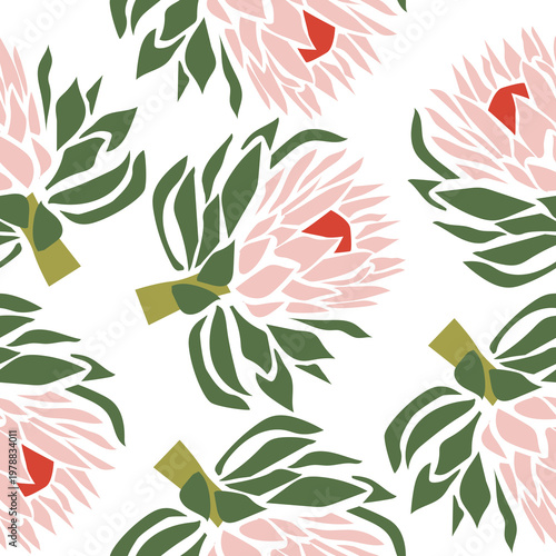 Pastel pink hand drawn protea seamless pattern