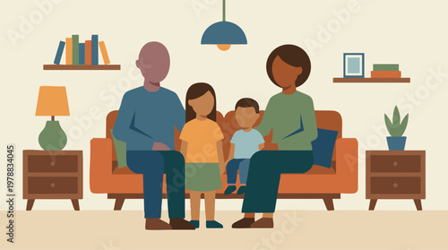 Diverse Family Relaxing in a Modern Living Room, Flat Illustration