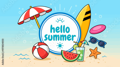 Colorful summer beach scene with sun and playful accessories