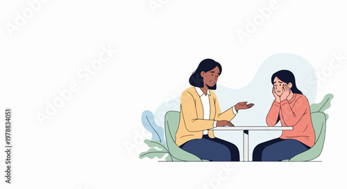 Psychological consultation vector illustration, therapist comforting distressed patient during session. Mental health support concept for therapy and counseling services.